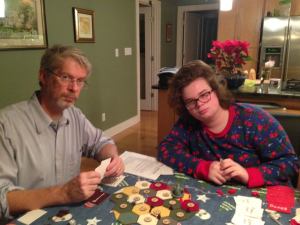 Beowulf Catan. James Kilfoyle Heathobard; John Kilfoyle Dane; me Geat. The robber is Grendel. Grim game. I did use my thane card though. Thank you Sarah Miller, who made it. 